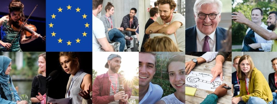 Europe Talks, montage of images of diverse Europeans, with EU flag.