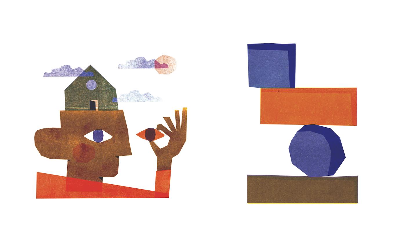 Illustration of a person's head with a house on top next to stacked geometric shapes.