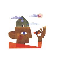 Illustration of a person's head with a house on top next to stacked geometric shapes.