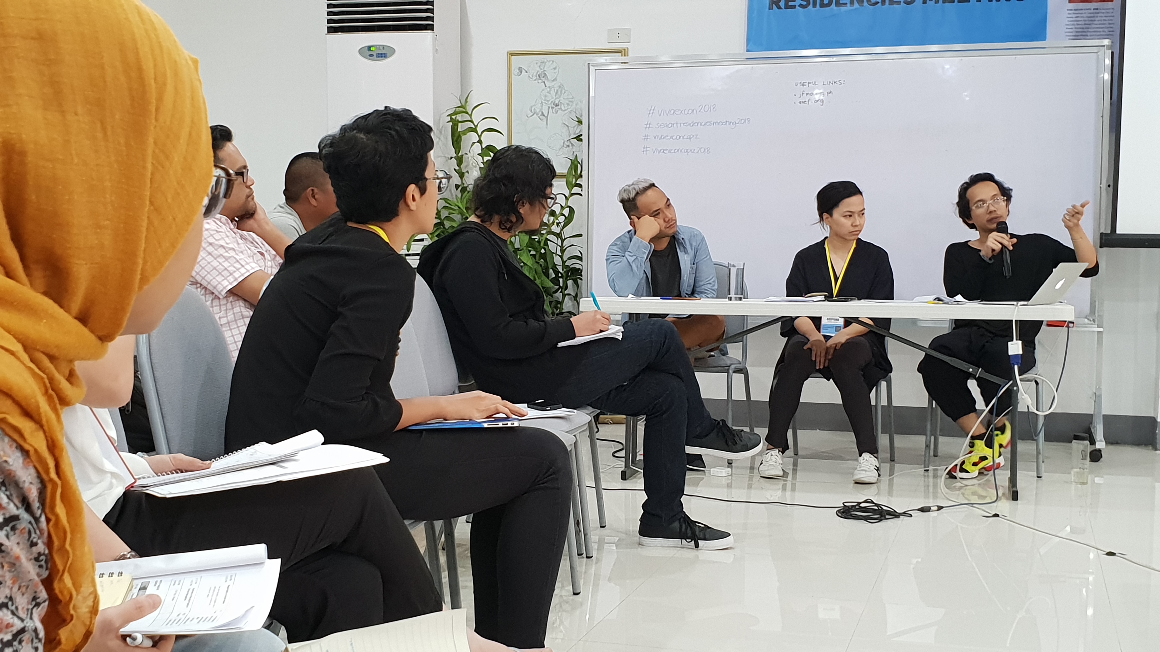 Photo: JK Anicoche, Sipat Lawin Ensemble (Philippines), Sui Fong Yim, Rooftop Institute (Hong Kong), Farid Rakun, ruangrupa (Indonesia). Photo credit: Fatima Avila